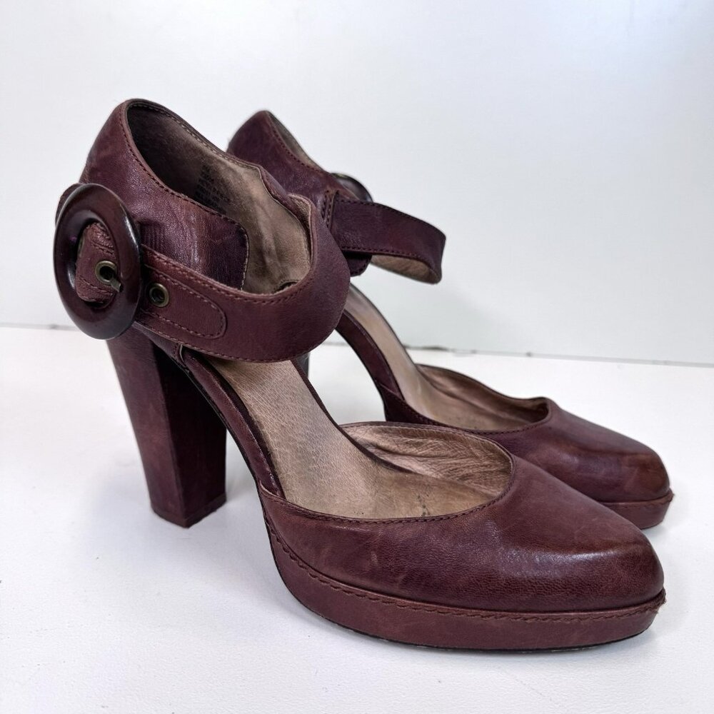 FRYE Heidi Platform Heels Shoes Ankle Strap Brown Leather Womens Size 8 Boho
